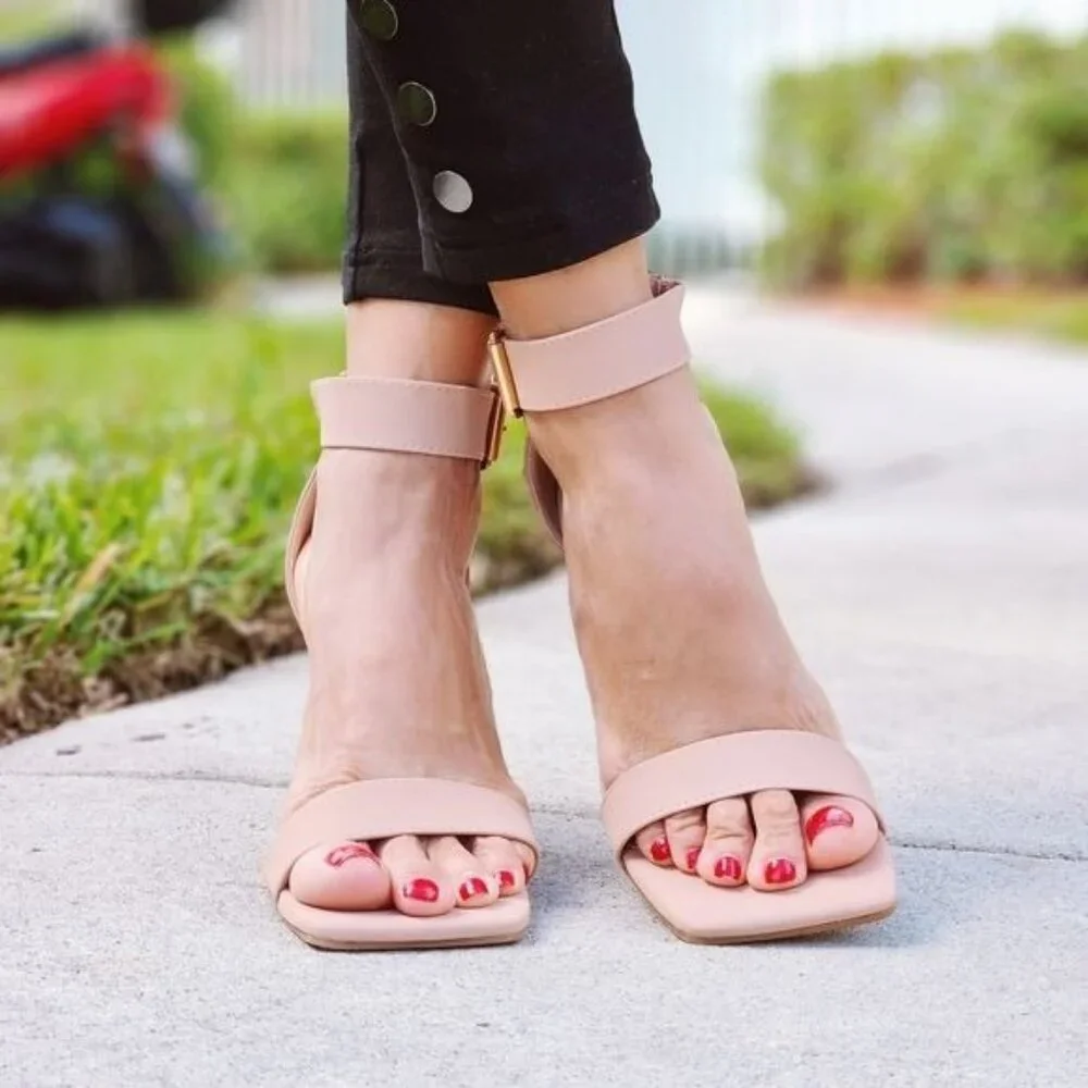 Women's Ankle Strap Block Heel Dress Sandals Nude Color